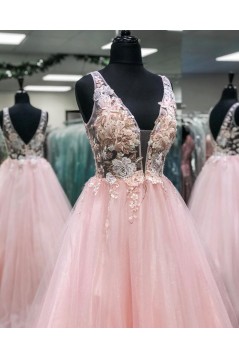 A-Line Long Pink Lace and Tulle Prom Dress Formal Evening Gowns 901267