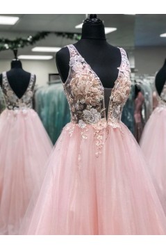 A-Line Long Pink Lace and Tulle Prom Dress Formal Evening Gowns 901267