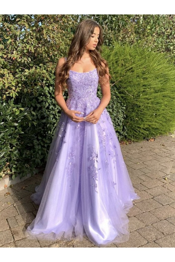 A-Line Lavender Lace and Tulle Prom Dress Formal Evening Gowns 901270