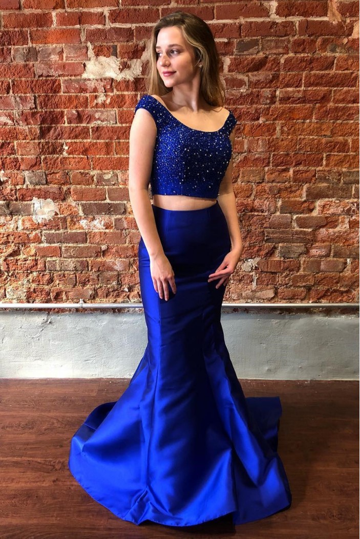 Long Royal Blue Two Pieces Mermaid Lace Prom Dress Formal Evening Gowns 901275