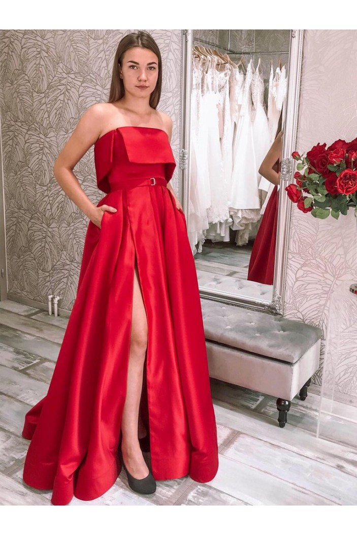A-Line Strapless Long Red Prom Dress Formal Evening Gowns 901276