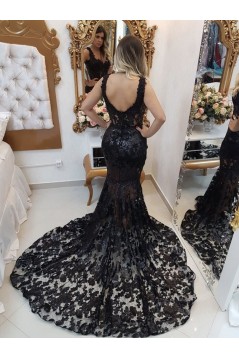 Long Black Mermaid Lace Prom Dress Formal Evening Gowns 901282