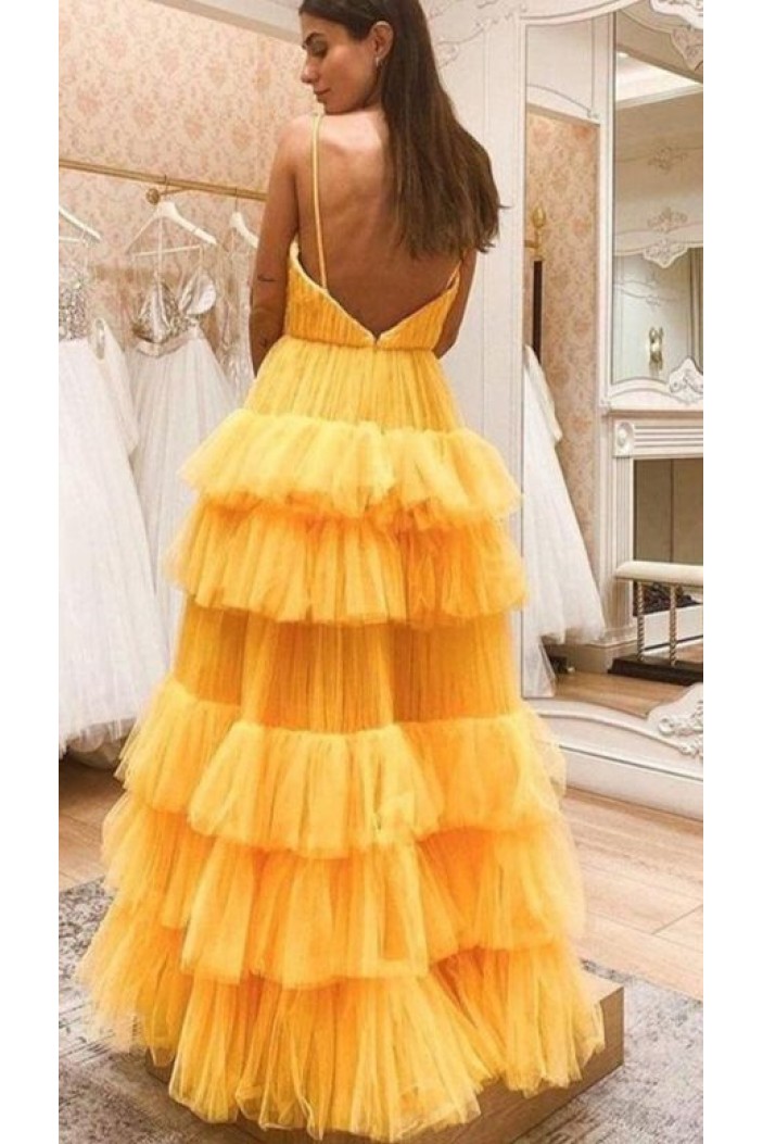 Long Yellow Spaghetti Straps Long Prom Dress Formal Evening Gowns 901290