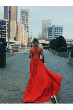 Long Red V Neck Prom Dress Formal Evening Gowns 901307