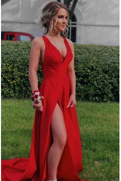 Long Red V Neck Prom Dress Formal Evening Gowns 901307