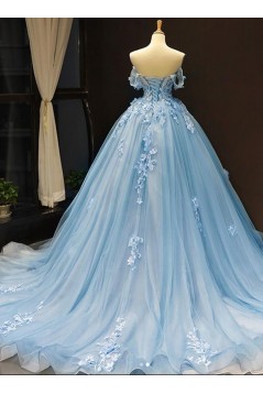 Long Blue Lace and Tulle Prom Dress Formal Evening Gowns 901308