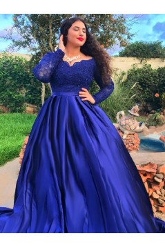 Long Royal Blue Lace and Satin Plus Size Prom Dress Formal Evening Gowns 901312