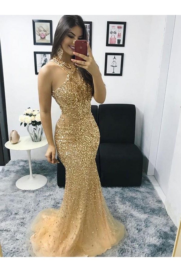 Long Gold Mermaid Beaded Prom Dress Formal Evening Gowns 901313