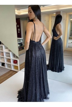 Long Navy Blue Sequin Tulle Prom Dress Formal Evening Gowns 901316