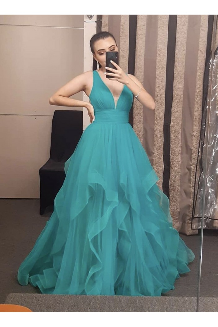 Long Tulle V Neck Prom Dress Formal Evening Gowns 901320