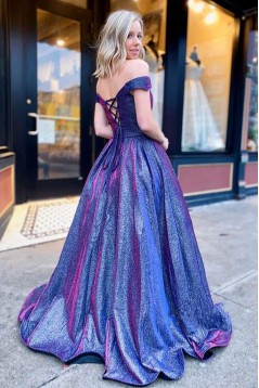 Long Blue Sparkly Off the Shoulder Prom Dress Formal Evening Gowns 901334