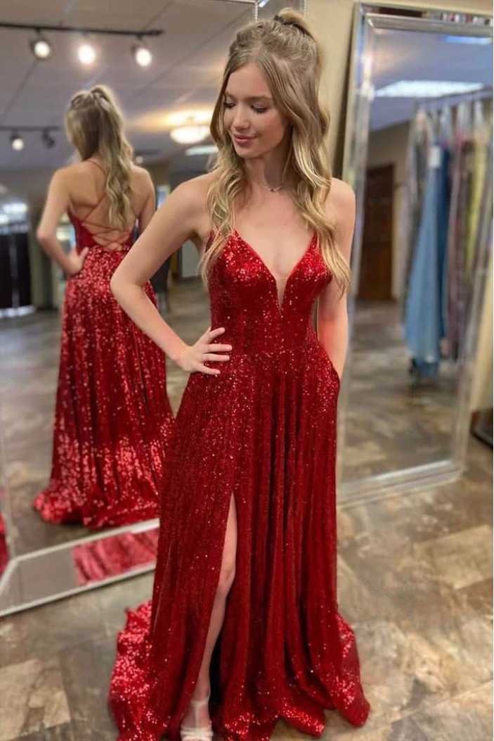 Long Red Sequin Tulle Prom Dress Formal Evening Gowns 901336