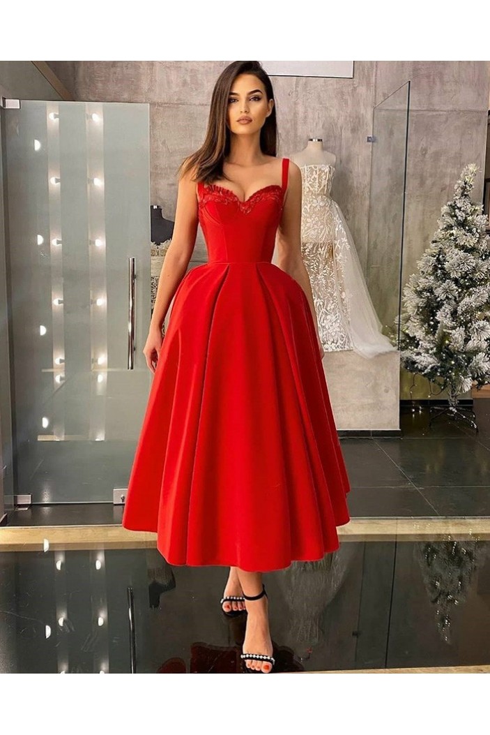 Elegant Tea Length Red Prom Dress Formal Evening Gowns 901339