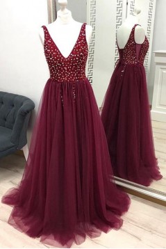 A-Line Lace and Tulle V Neck Prom Dress Formal Evening Gowns 901340