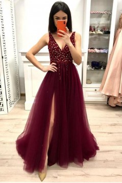 A-Line Lace and Tulle V Neck Prom Dress Formal Evening Gowns 901340
