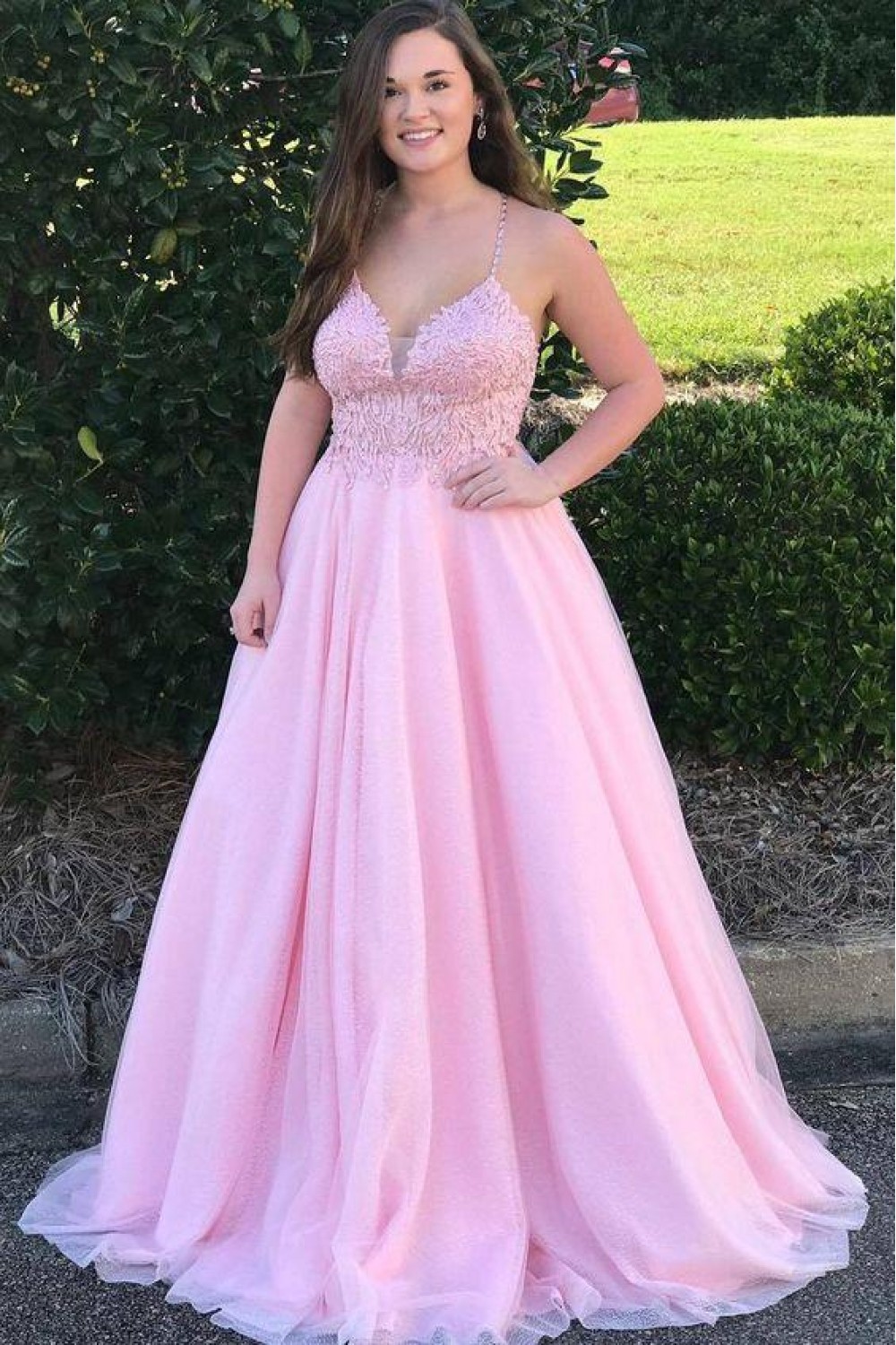 A-Line Long Pink Lace Prom Dress Formal Evening Gowns 901344