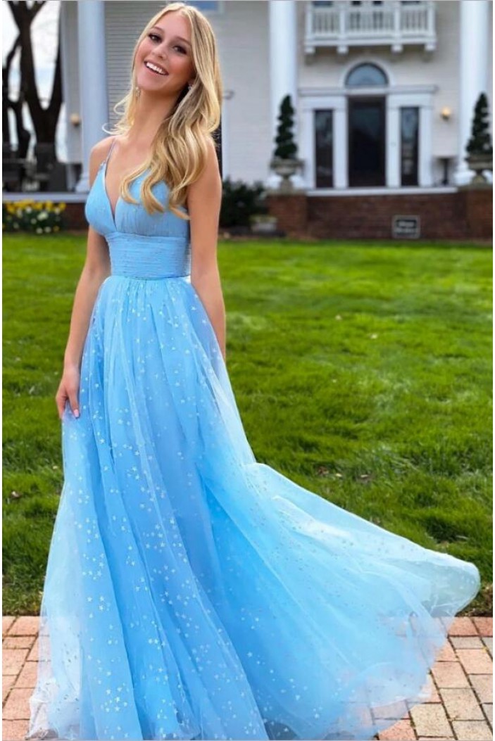Long Blue V Neck Tulle Prom Dress Formal Evening Gowns 901345