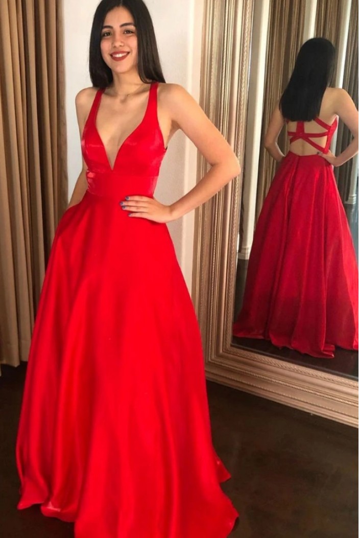 A-Line Long Red V Neck Prom Dress Formal Evening Gowns 901353