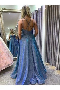 A-Line Long Blue V Neck Sparkle Prom Dress Formal Evening Gowns 901359