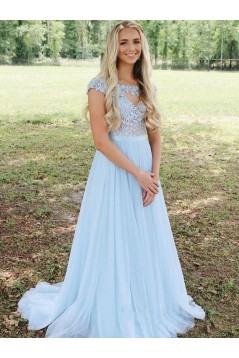 A-Line Long Blue Chiffon and Lace Prom Dress Formal Evening Gowns 901362