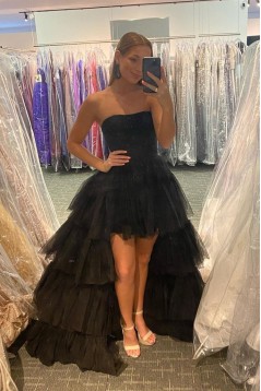 High Low Strapless Black Tulle Prom Dress Formal Evening Gowns 901369