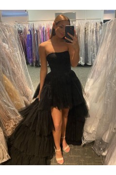 High Low Strapless Black Tulle Prom Dress Formal Evening Gowns 901369