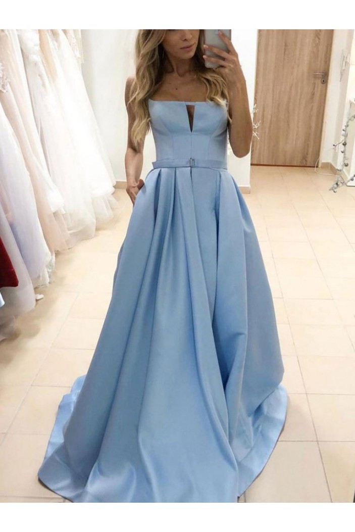 A-Line Long Blue Satin Prom Dress Formal Evening Gowns 901377