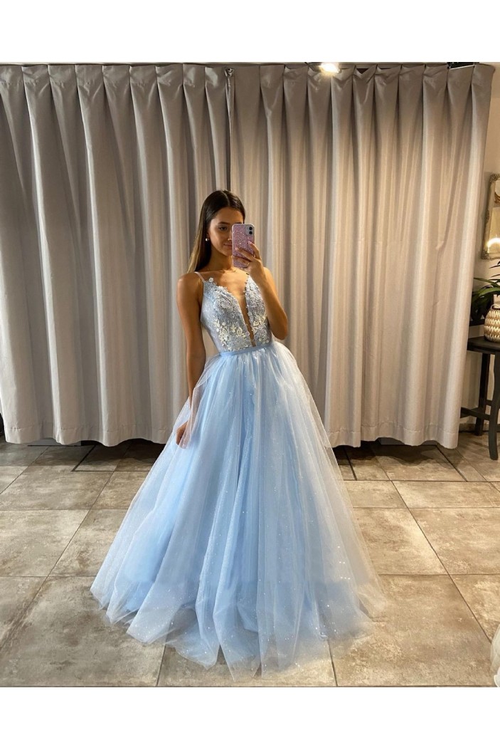 Long Blue Tulle and Lace Prom Dress Formal Evening Gowns 901391