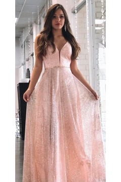 Long Pink Sequin Tulle Prom Dress Formal Evening Gowns 901421