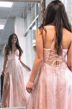 Long Pink Sequin Tulle Prom Dress Formal Evening Gowns 901421