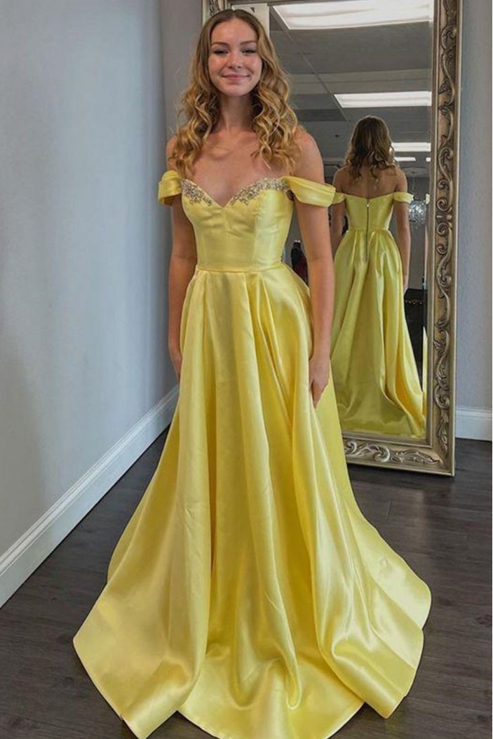 A-Line Long Yellow Beaded Prom Dress Formal Evening Gowns 901438