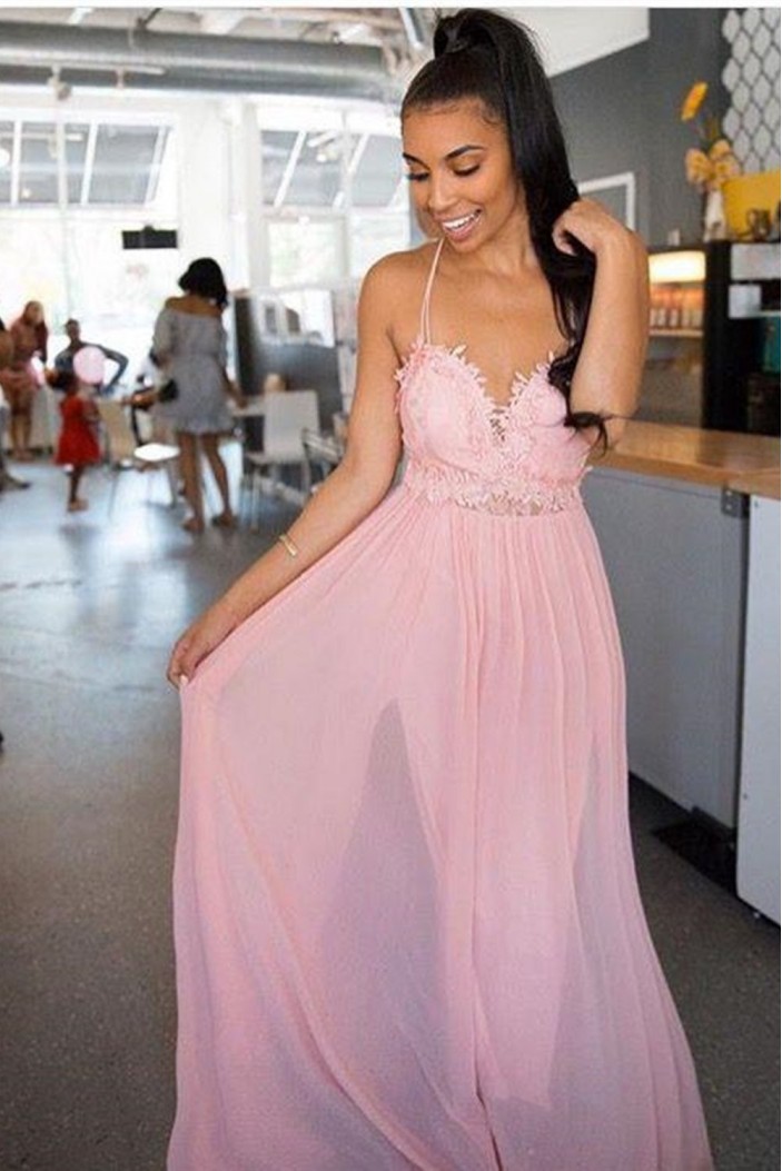 Long Pink Chiffon and Lace Prom Dress Formal Evening Gowns 901439