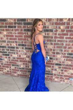 Long Royal Blue Mermaid Spaghetti Straps Lace Prom Dress Formal Evening Gowns 901453
