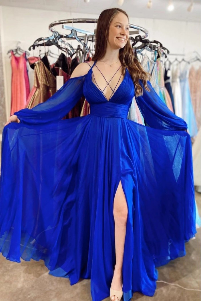 Long Chiffon Royal Blue Long Sleeves Prom Dress Formal Evening Gowns 901466