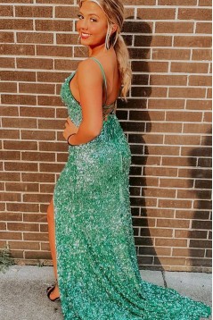 Long Green Sequin Spaghetti Straps Prom Dress Formal Evening Gowns 901479