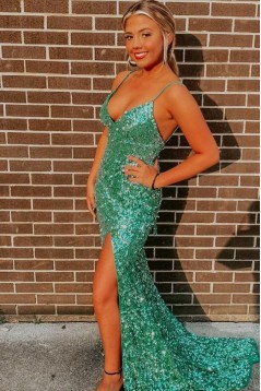 Long Green Sequin Spaghetti Straps Prom Dress Formal Evening Gowns 901479