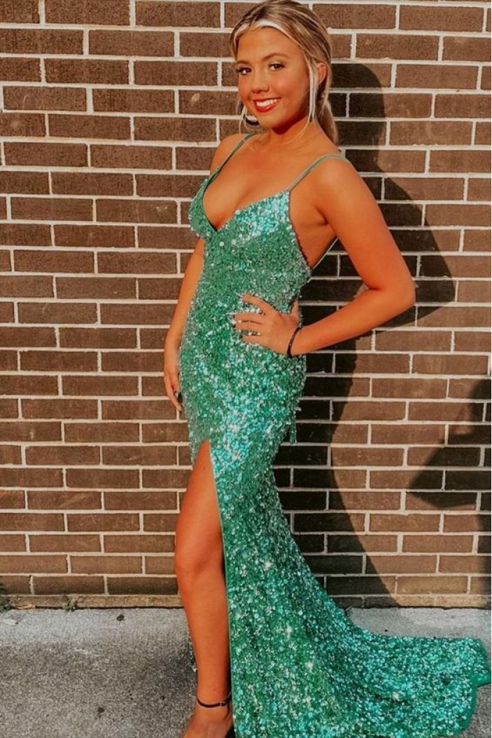 Long Green Sequin Spaghetti Straps Prom Dress Formal Evening Gowns 901479