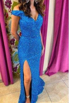 Long Royal Blue Off the Shoulder Sequin Prom Dress Formal Evening Gowns 901485