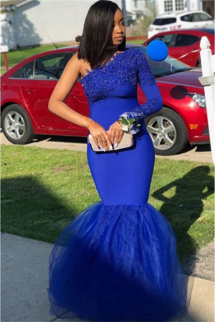 Long Royal Blue Mermaid One Shoulder Prom Dress Formal Evening Gowns 901504