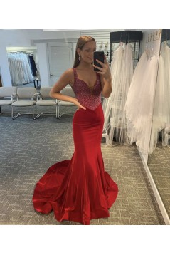 Long Red Mermaid Beaded Prom Dress Formal Evening Gowns 901526