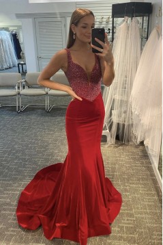 Long Red Mermaid Beaded Prom Dress Formal Evening Gowns 901526