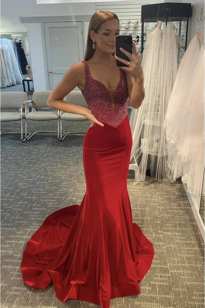 Long Red Mermaid Beaded Prom Dress Formal Evening Gowns 901526