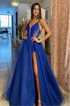 Long Royal Blue Lace and Tulle Prom Dresses Formal Evening Gowns 901531