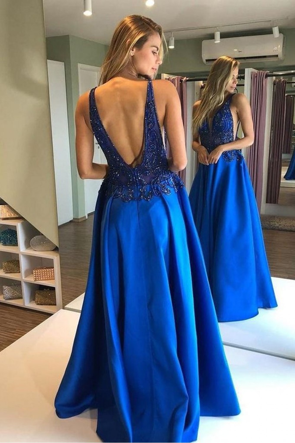 Long Royal Blue Beaded Prom Dresses Formal Evening Gowns 901535