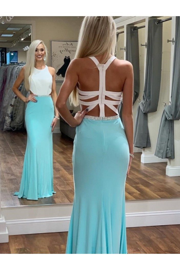 Long Blue White Mermaid Prom Dresses Formal Evening Gowns 901554