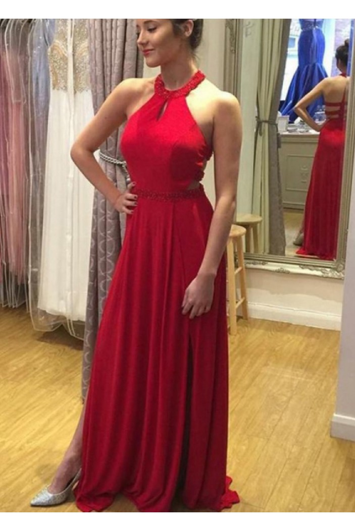 Long Red Chiffon Beaded Prom Dresses Formal Evening Gowns 901556