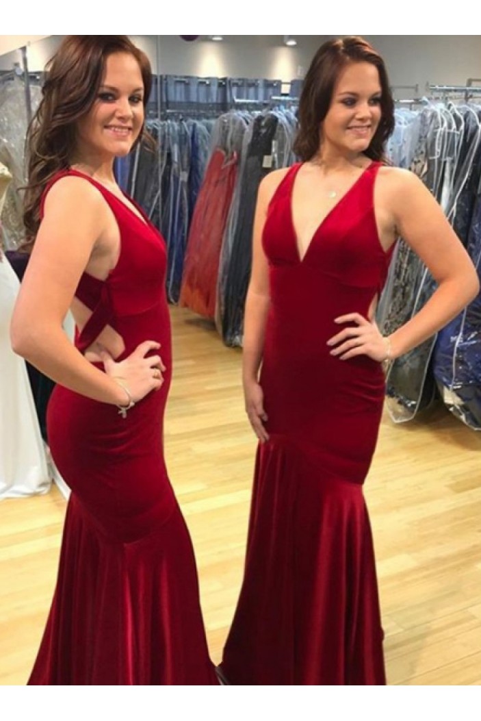 Long Red Mermaid V Neck Prom Dresses Formal Evening Gowns 901572