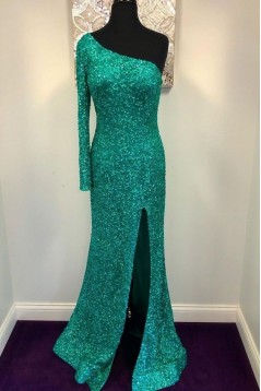 Long Green One Shoulder Sequin Prom Dresses Formal Evening Gowns 901581