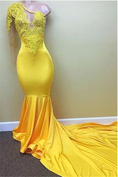 Long Yellow Mermaid One Shoulder Prom Dresses Formal Evening Gowns 901597