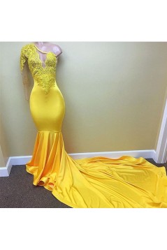 Long Yellow Mermaid One Shoulder Prom Dresses Formal Evening Gowns 901597